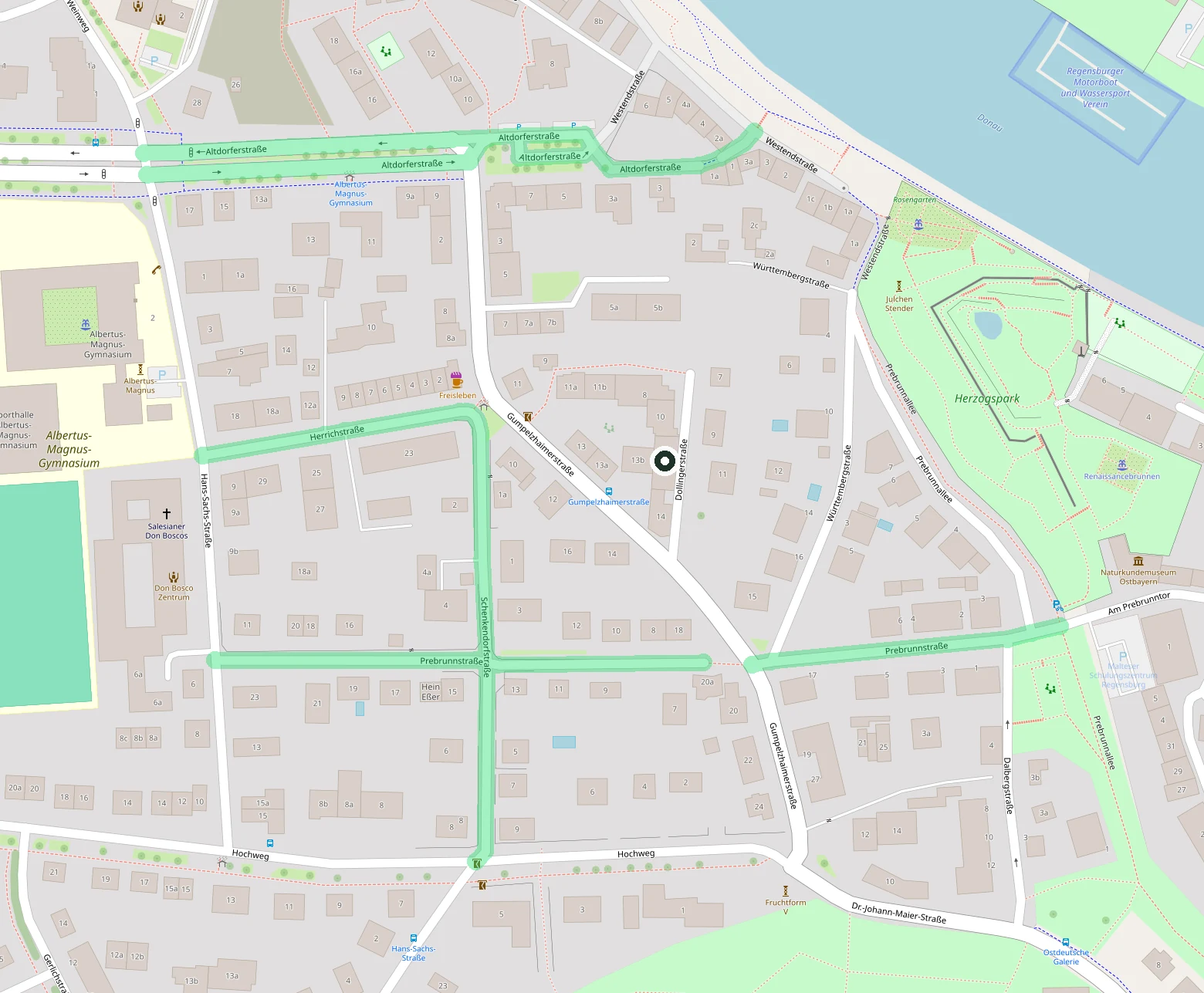 Anfahrtskarte: Praxis in der Dollingerstraße 12, farbig markiert sind die Parkmöglichkeiten in Herrich-, Schenkendorf-, Prebrunn- und Altdorferstraße
